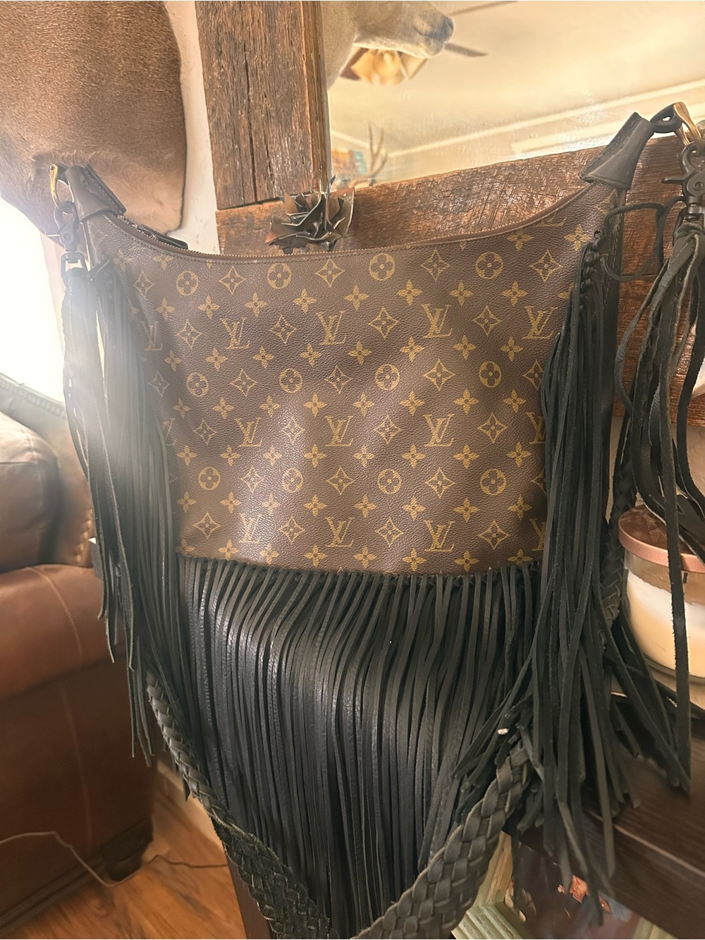 Louis Vuitton Brown Monogram Revamp with Black Fringe Crossbody Bag Vintage Boho - Picture 2 of 12